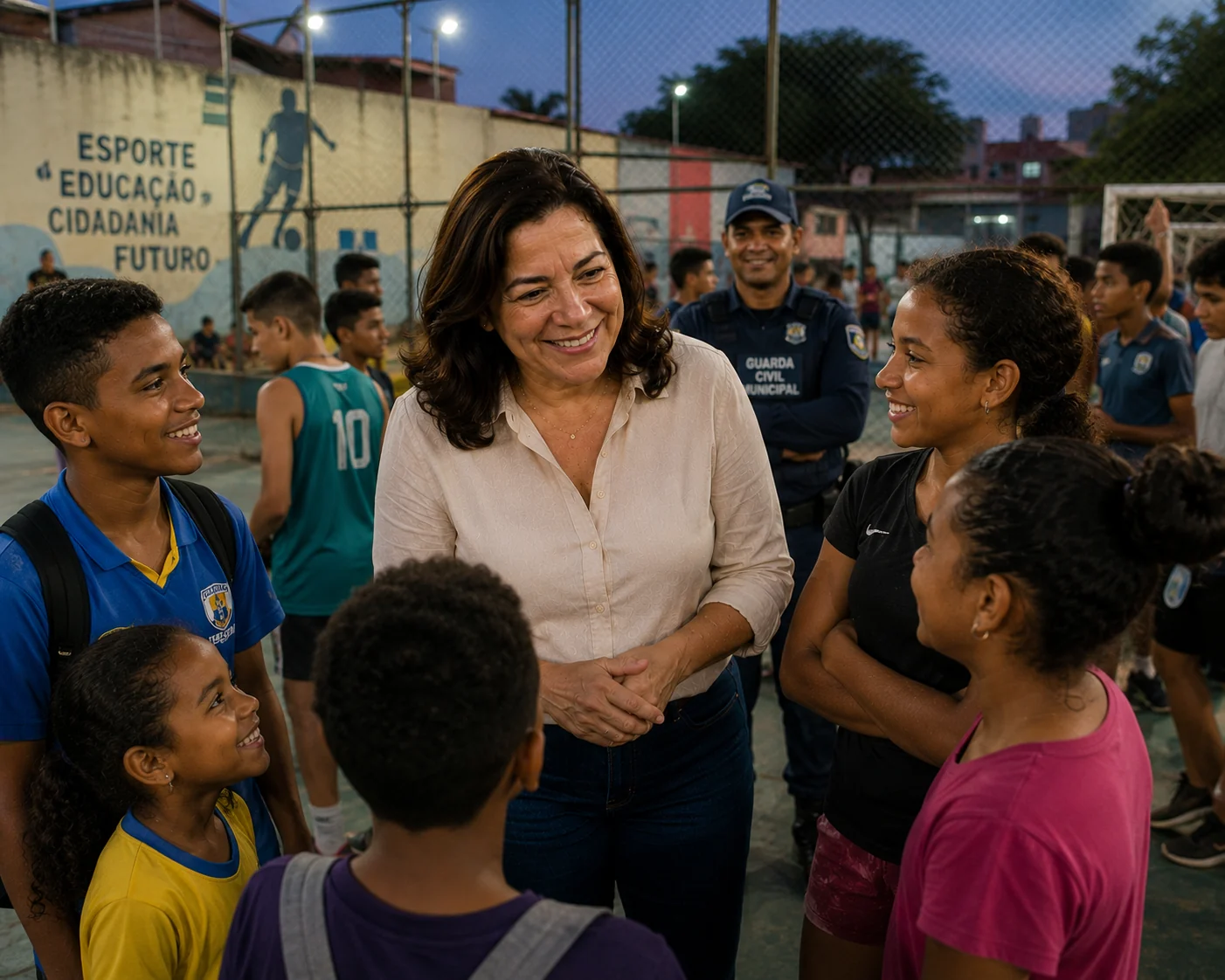 Maria Teresina conversa com jovens em quadra comunitária