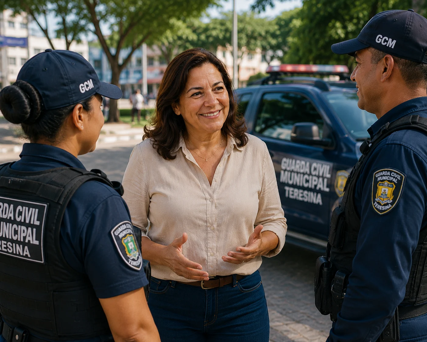 Maria Teresina conversa com a Guarda Civil Municipal de Teresina