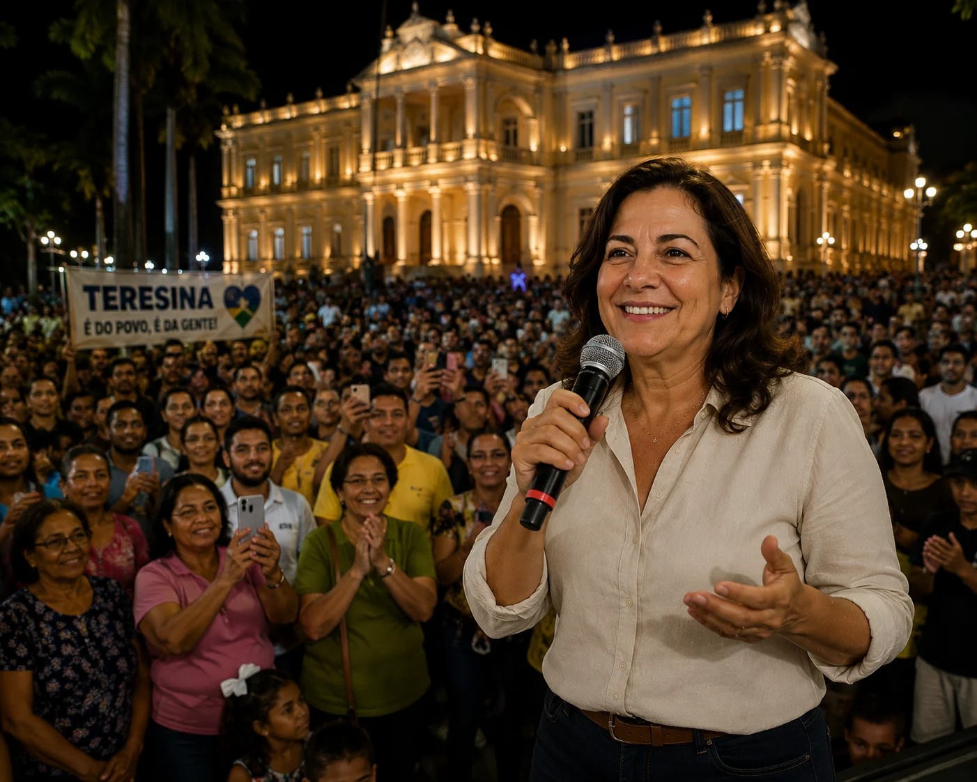 Maria Teresina fala com a população em frente ao Palácio de Karnak à noite