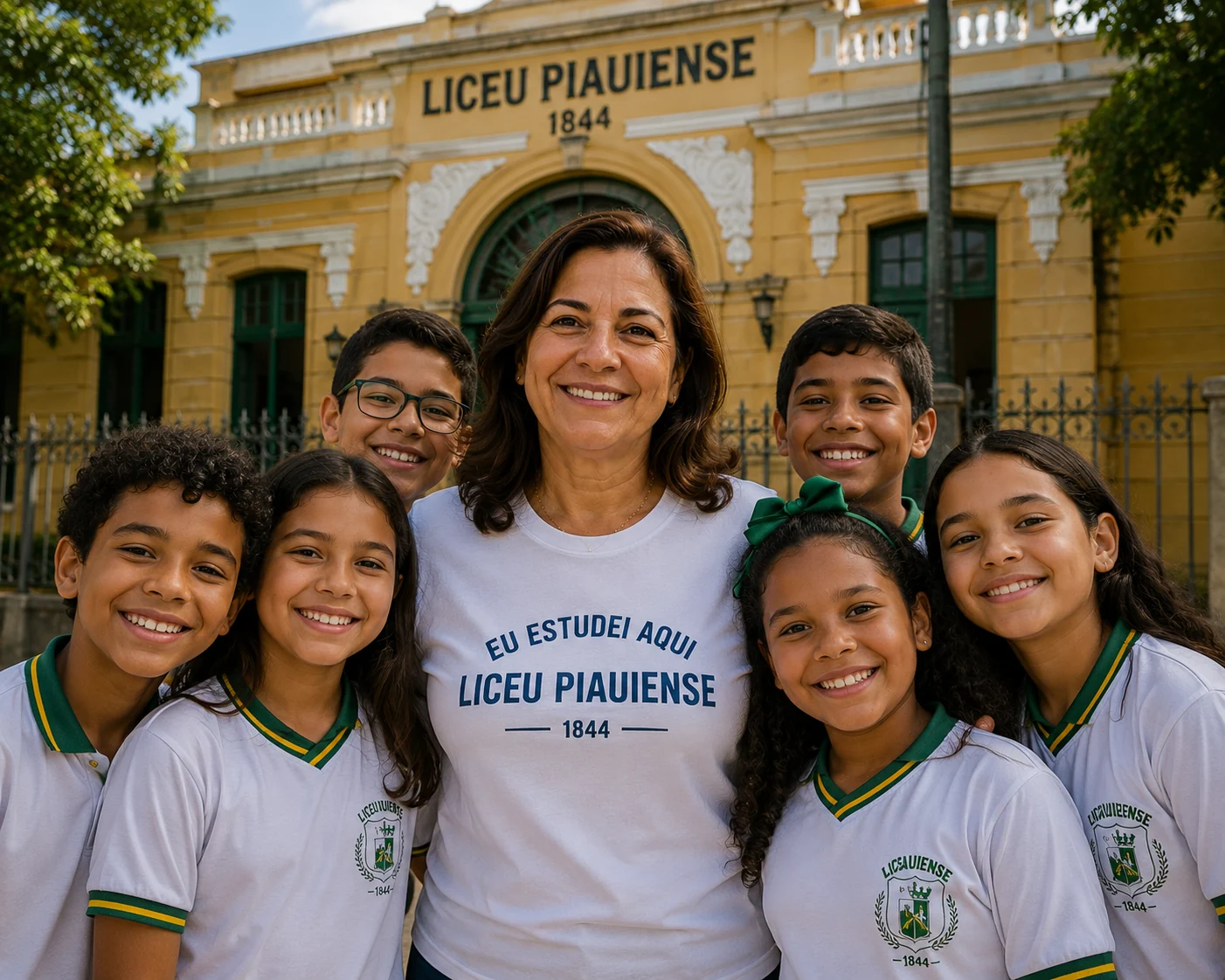 Maria Teresina com crianças em frente ao Liceu Piauiense