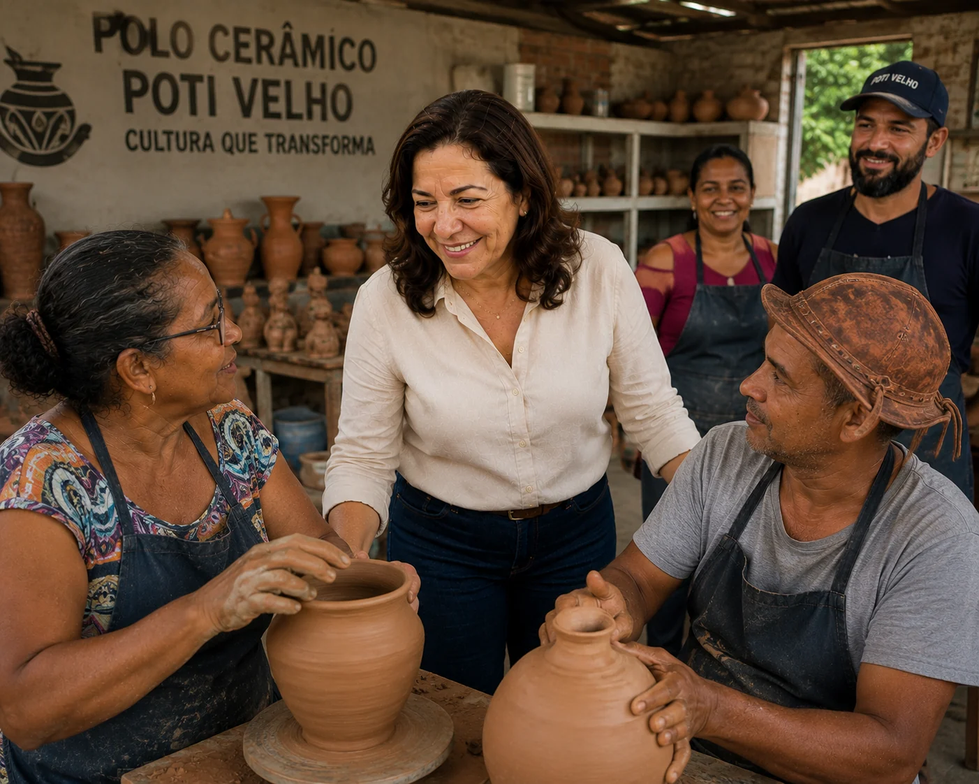 Maria Teresina conversa com artesãos no Polo Cerâmico do Poti Velho
