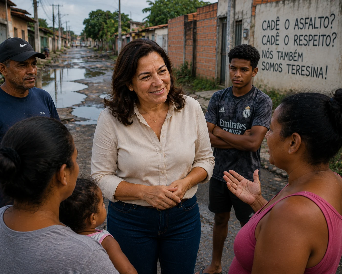Maria Teresina ouve moradores em rua sem pavimentação e com alagamento