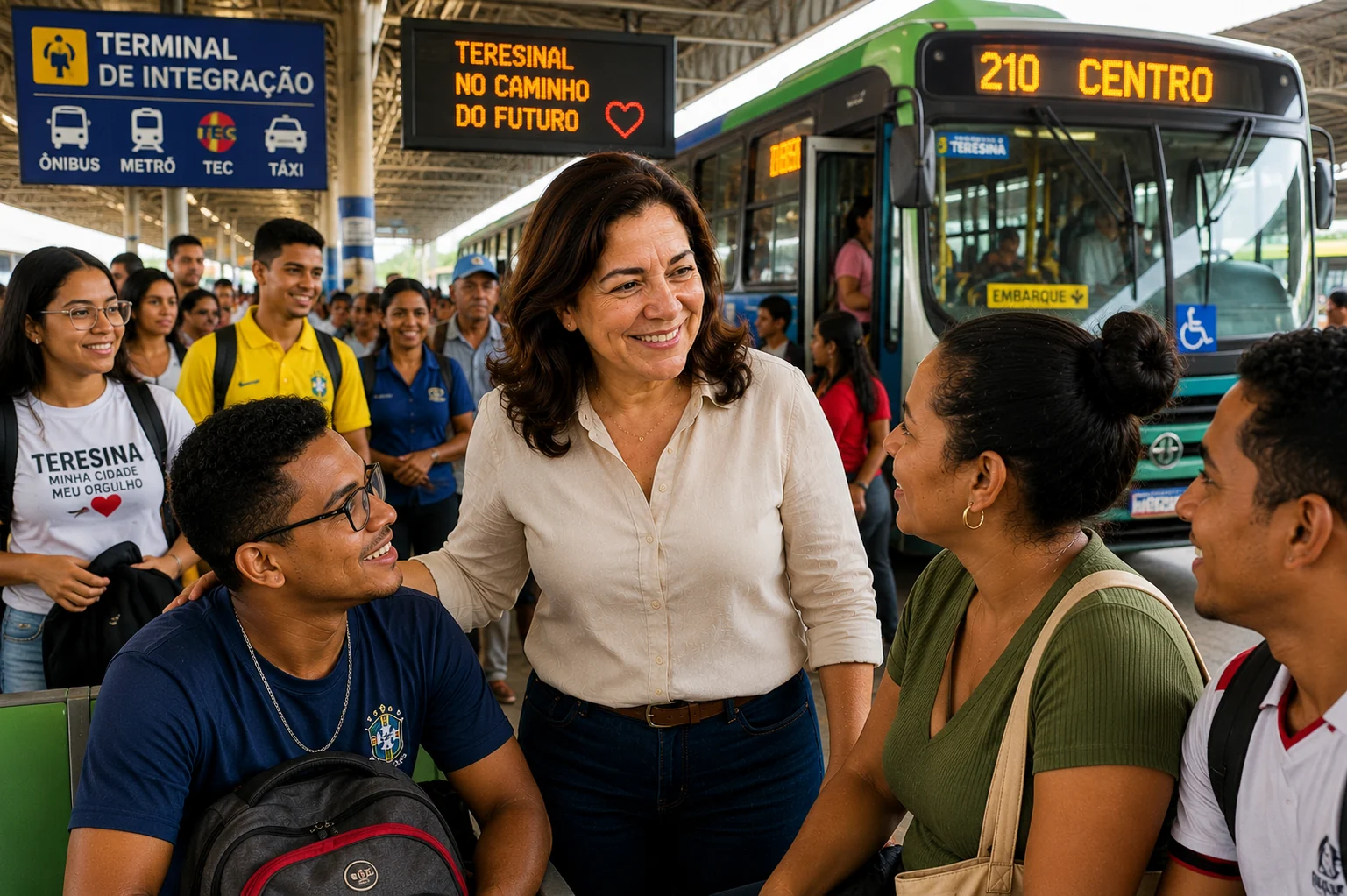 Maria Teresina conversa com usuários do transporte público em terminal de integração
