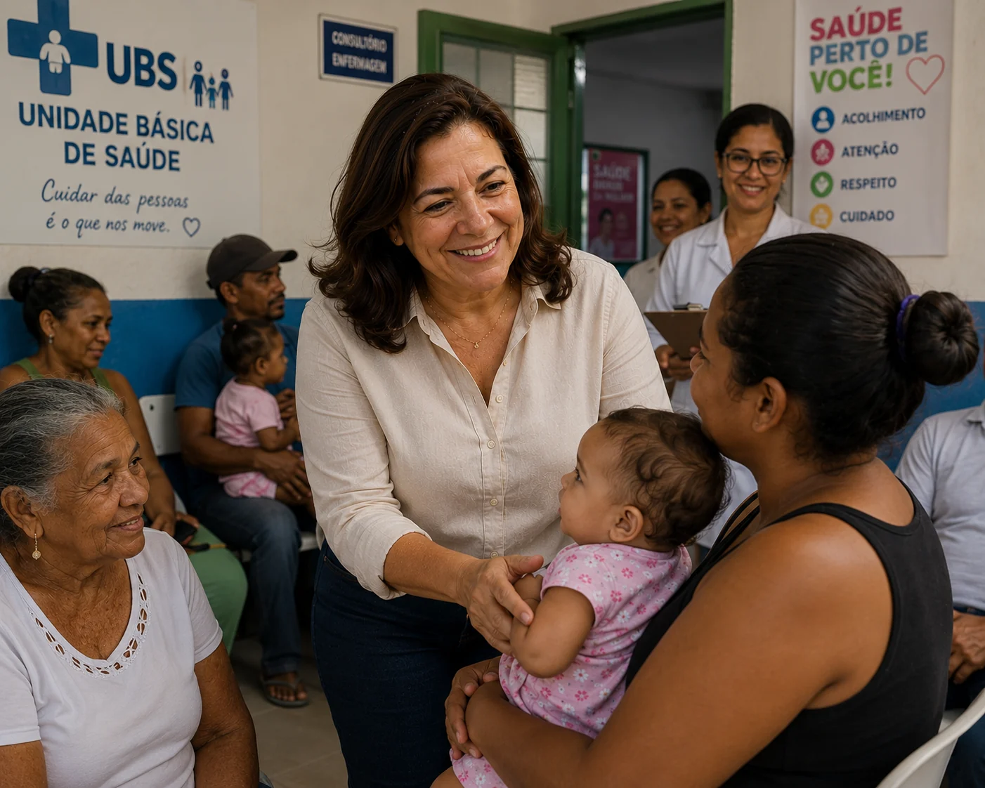 Maria Teresina em unidade básica de saúde, conversando com mães e pacientes